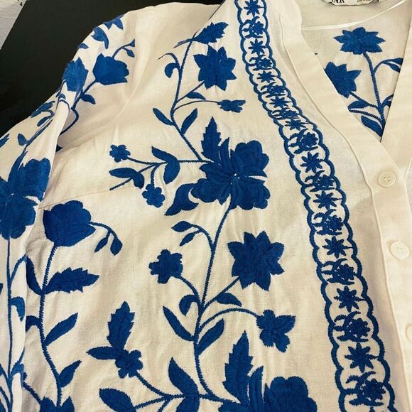 Zara Embroidered Cotton Button Down Overshirt Light Jacket White and Blue Size L - Picture 7 of 12